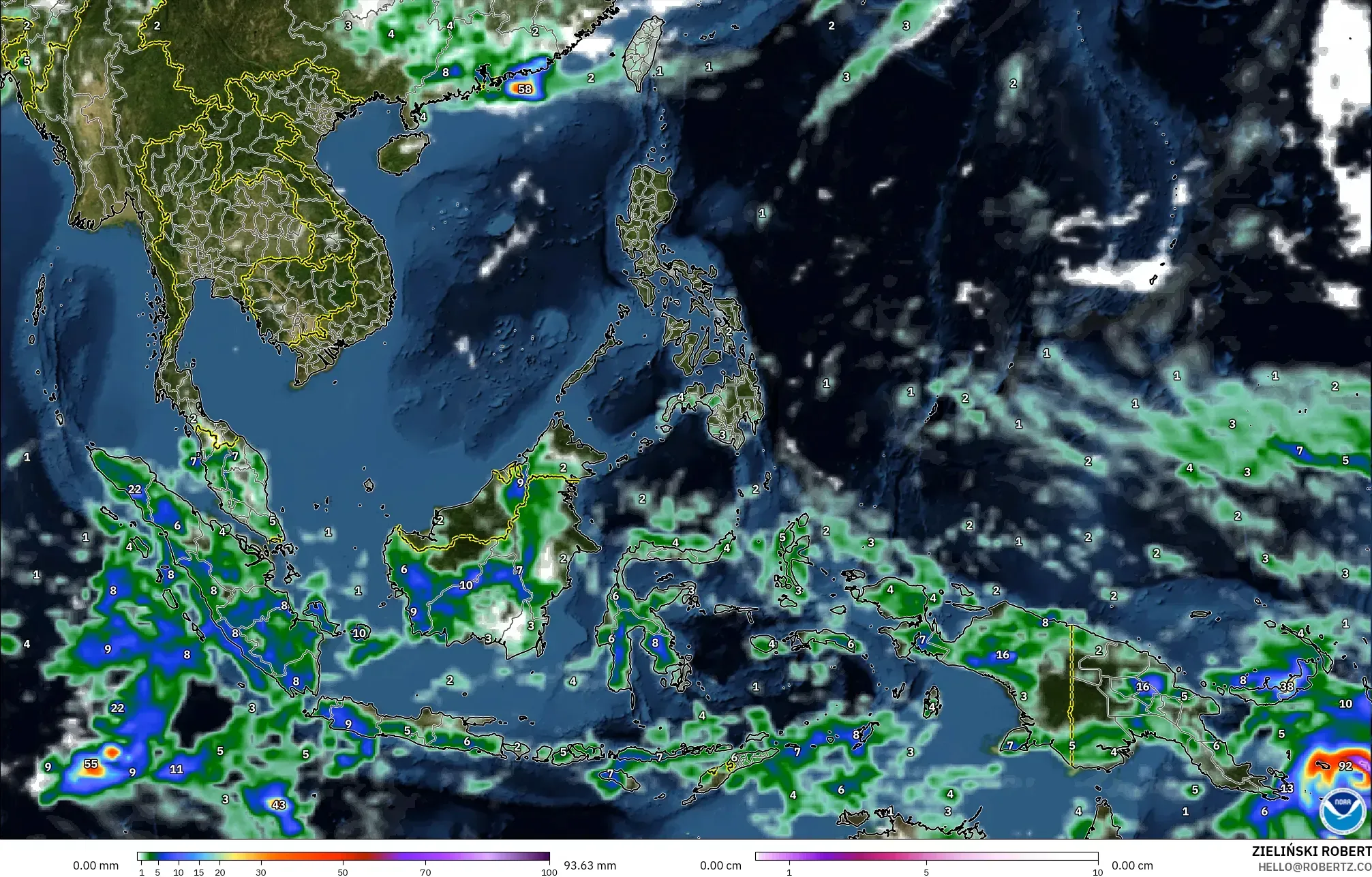 GFS modelo - Sudeste Asiático, Precipitación, nubes y presión