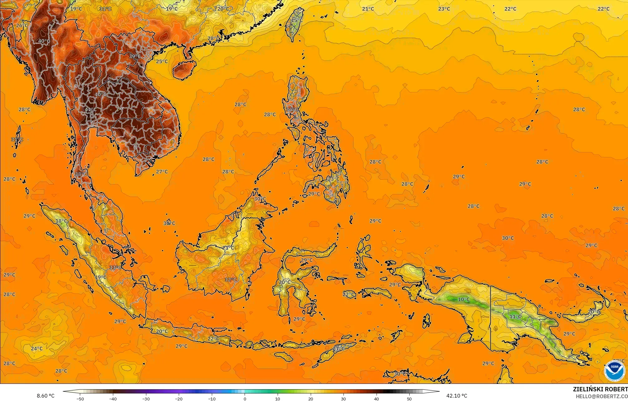 GFS modelo - Sudeste Asiático, Temperatura a 2 m