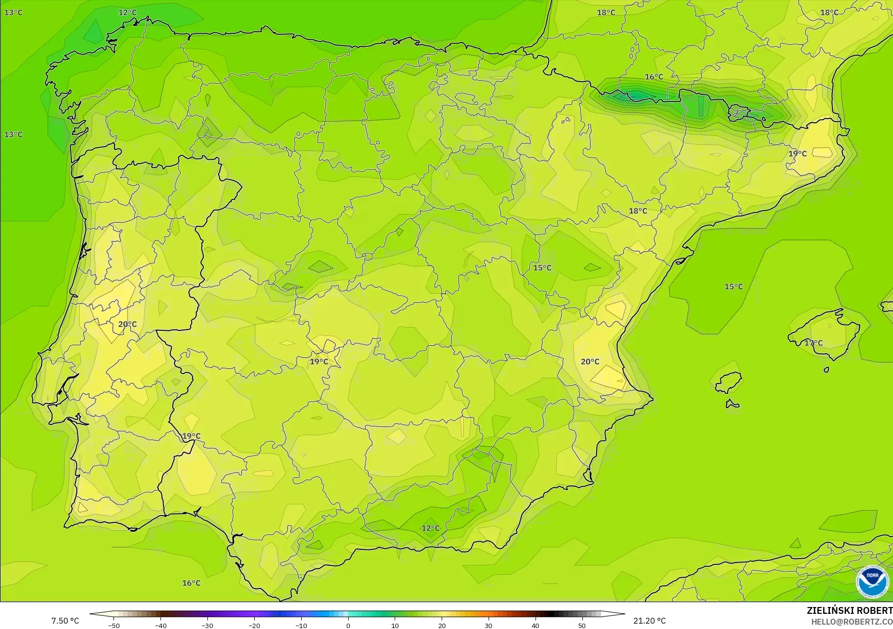GFS modelo - España, Temperatura a 2 m
