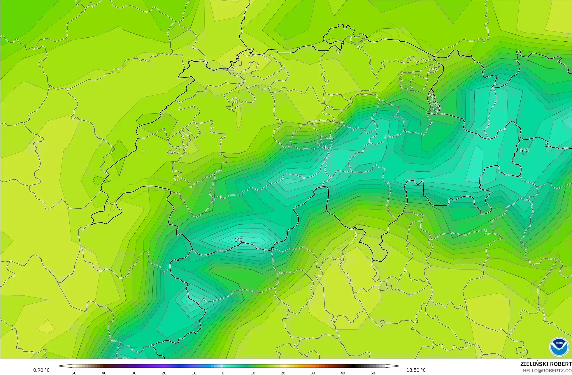 GFS modelo - Suiza, Temperatura a 2 m