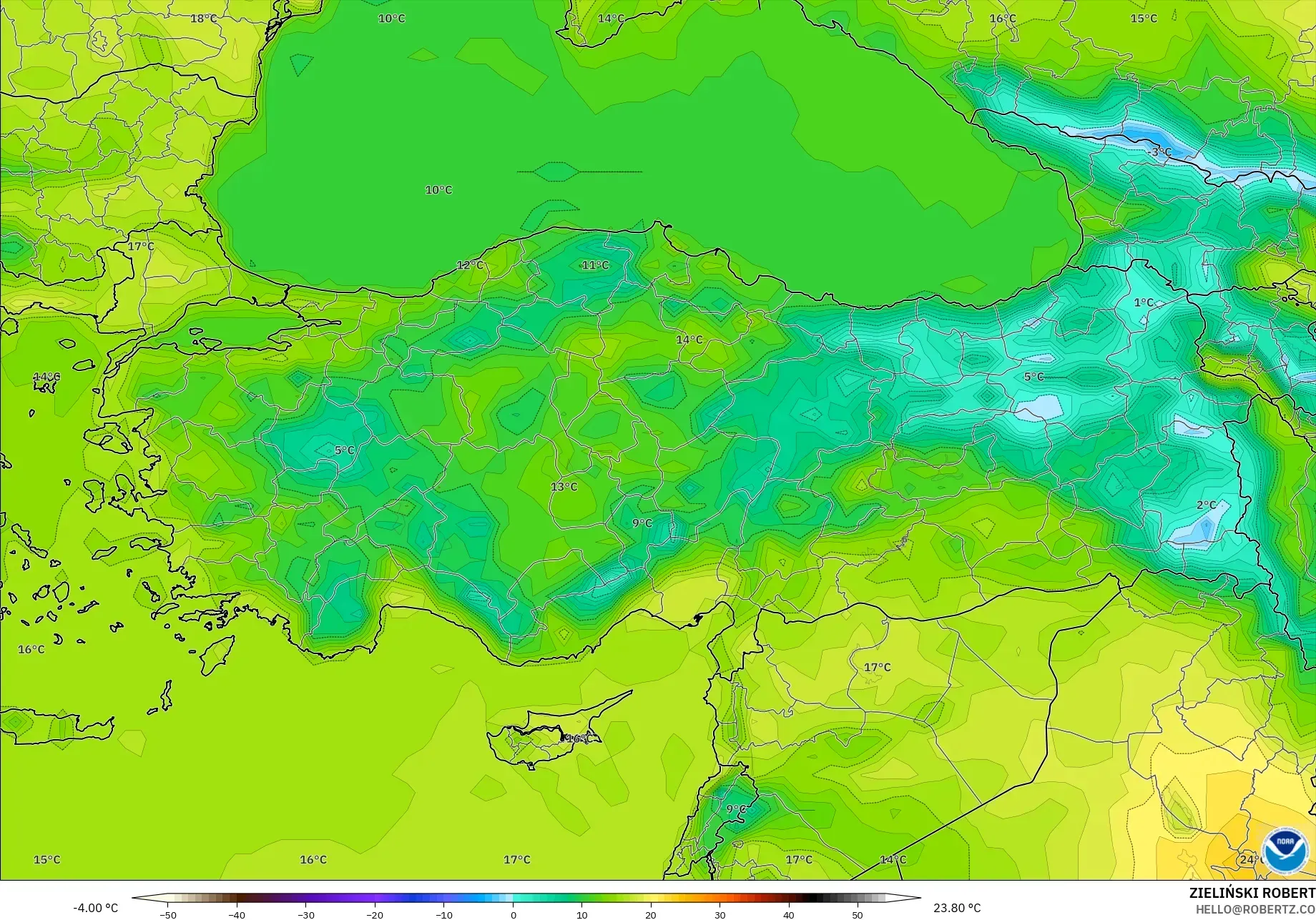 GFS modelo - Turquía, Temperatura a 2 m