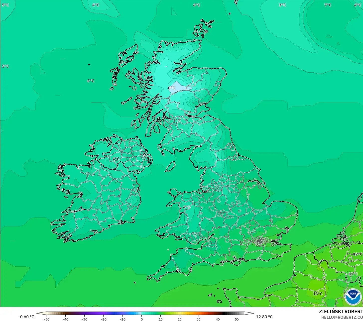 GFS modelo - Reino Unido, Temperatura a 2 m