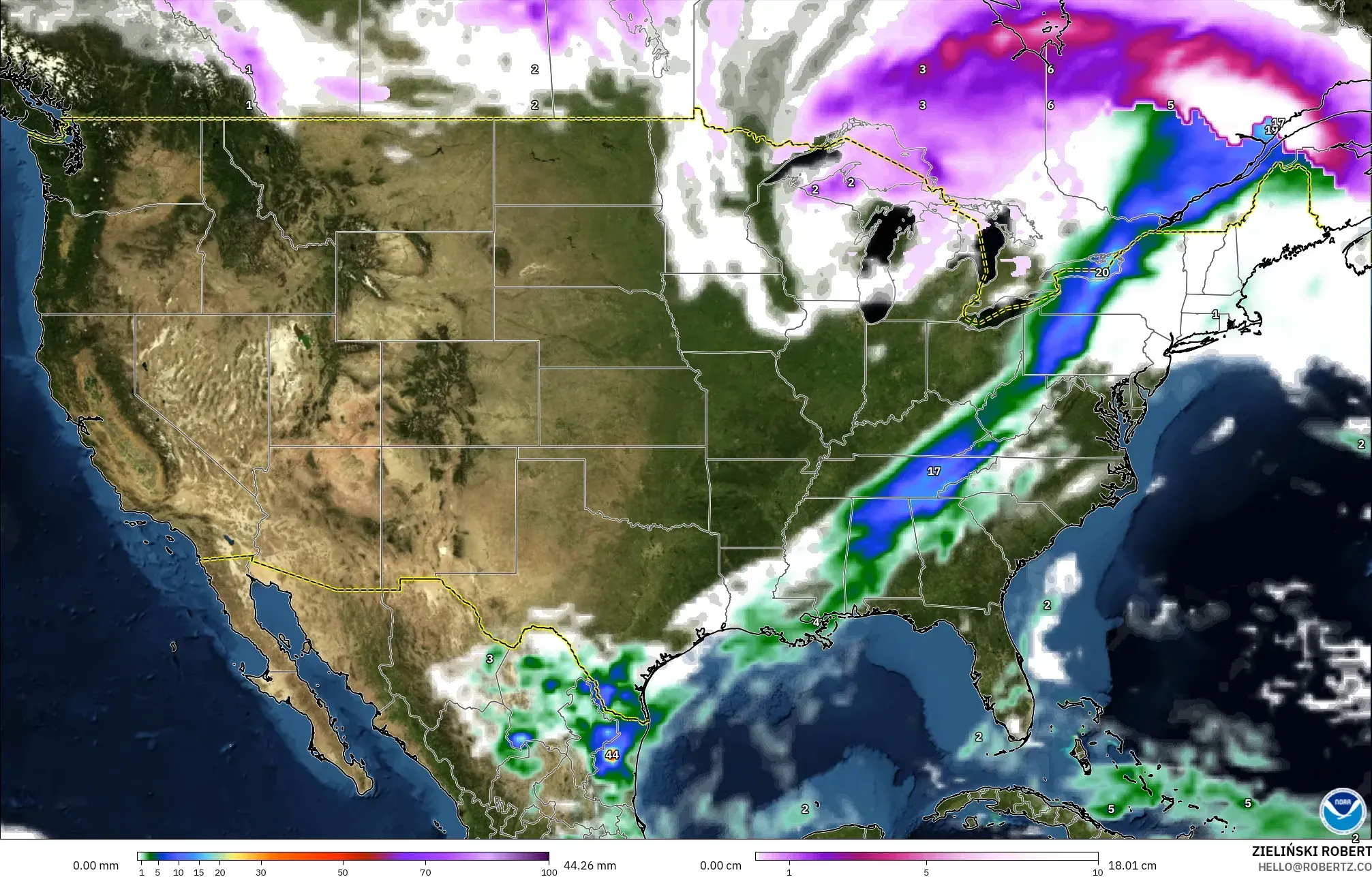GFS modelo - Estados Unidos, Precipitación, nubes y presión