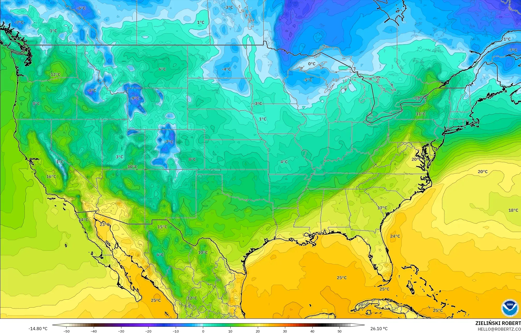 GFS modelo - Estados Unidos, Temperatura a 2 m