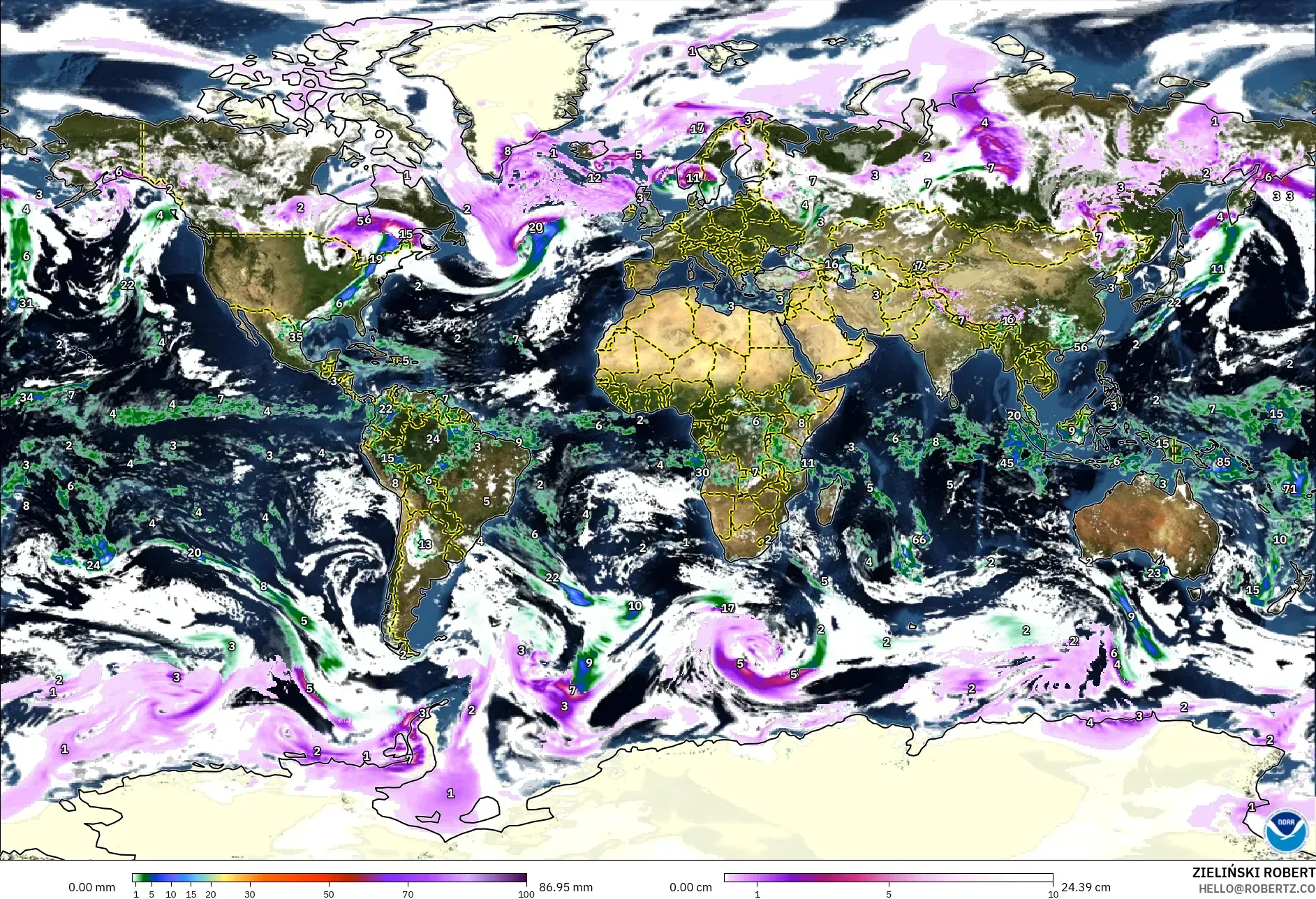GFS modelo - Mundo, Precipitación, nubes y presión