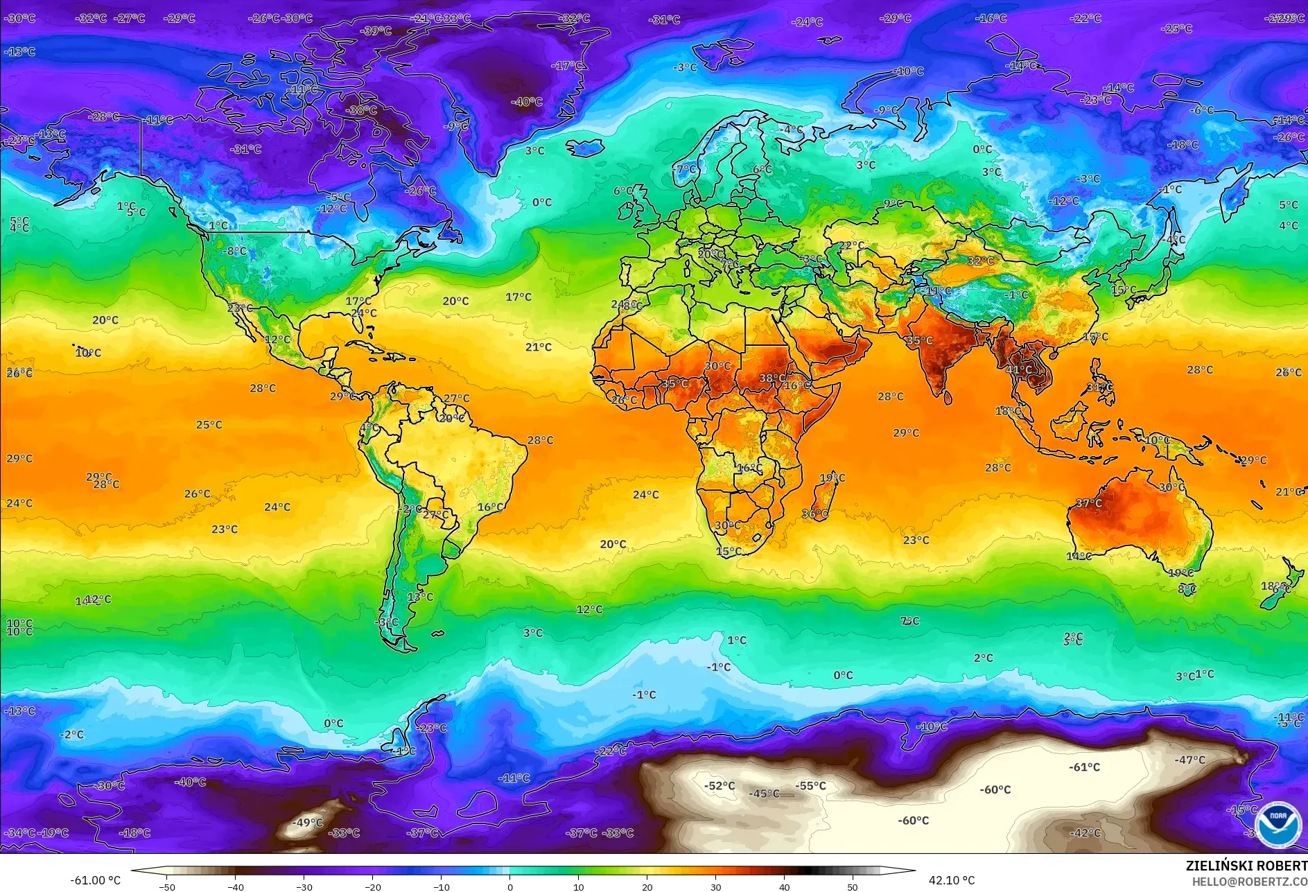 GFS modelo - Mundo, Temperatura a 2 m