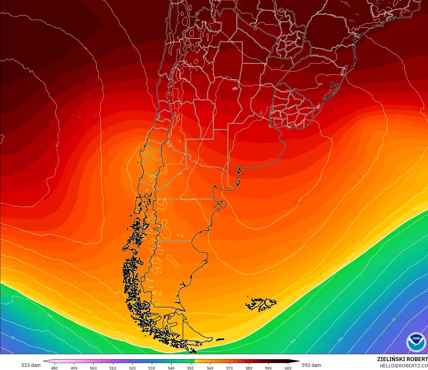 GFS modelo - Argentina, Altura geopotencial a 500 hPa