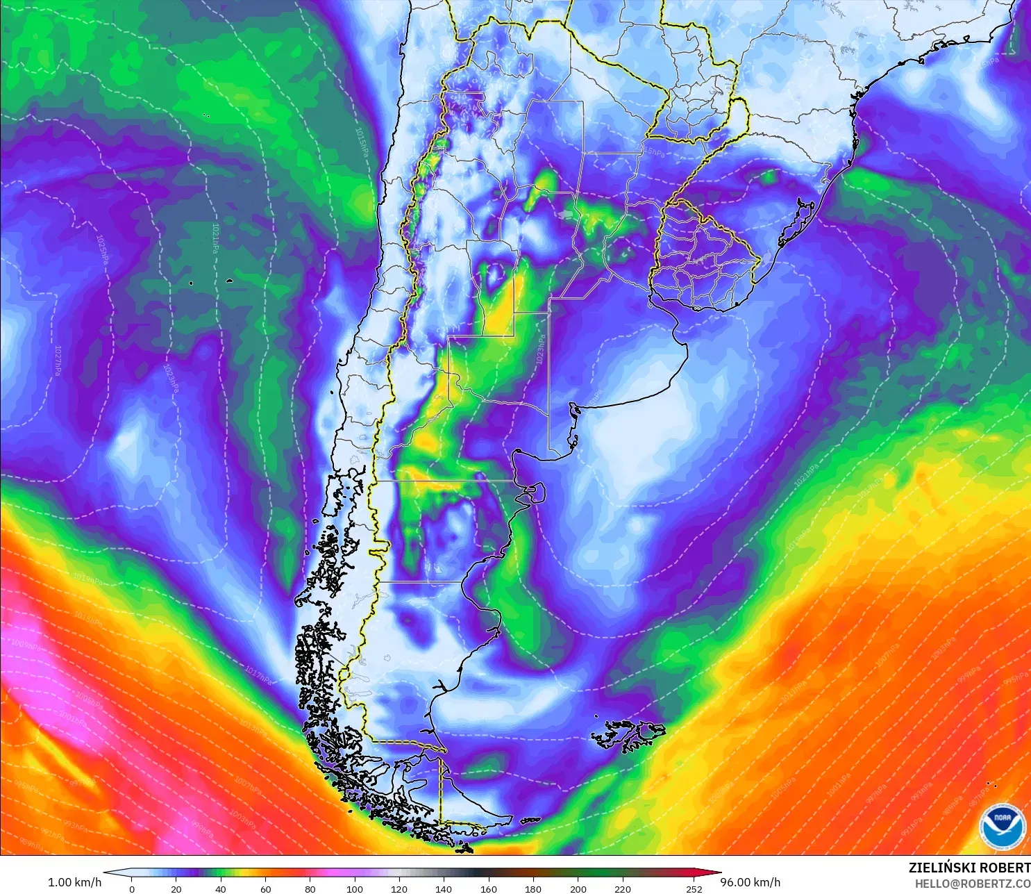 GFS modelo - Argentina, Ráfagas de Viento Máximas