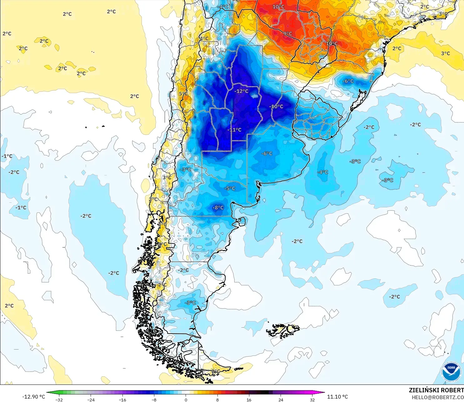 GFS modelo - Argentina, Anomalía de temperatura a 2 m