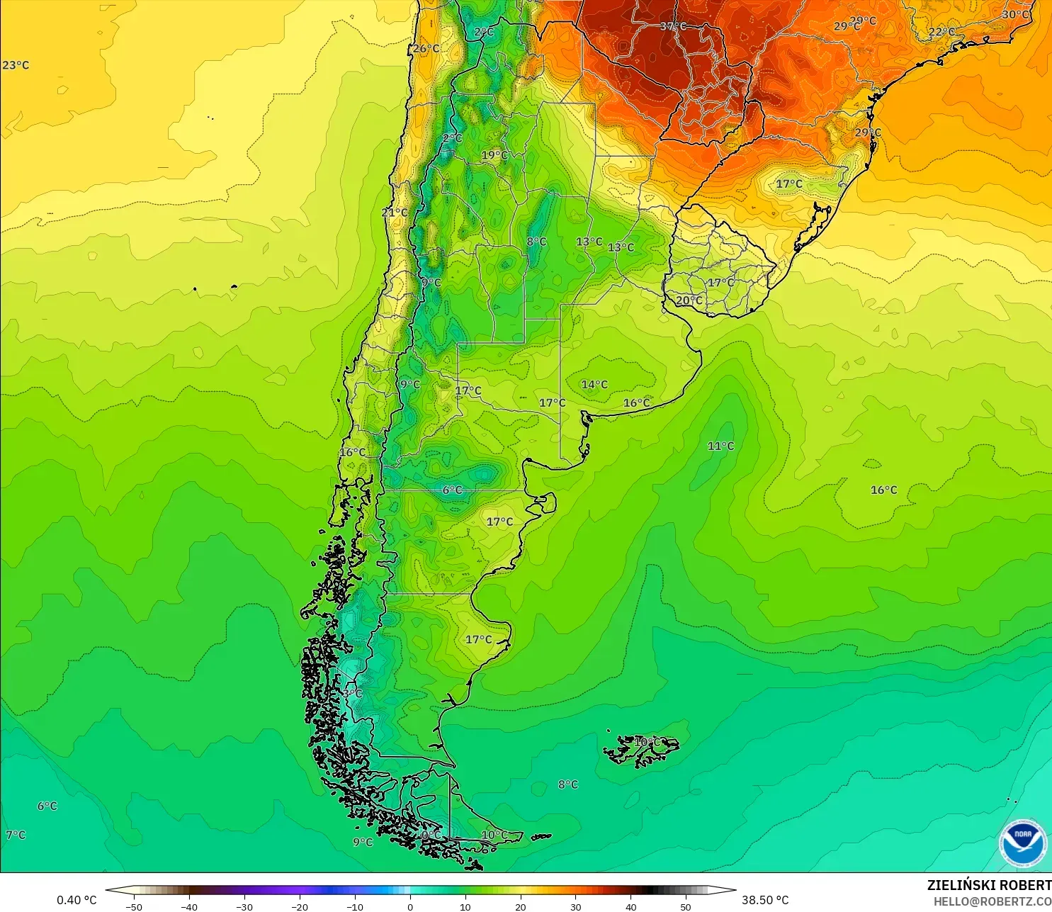 GFS modelo - Argentina, Temperatura a 2 m
