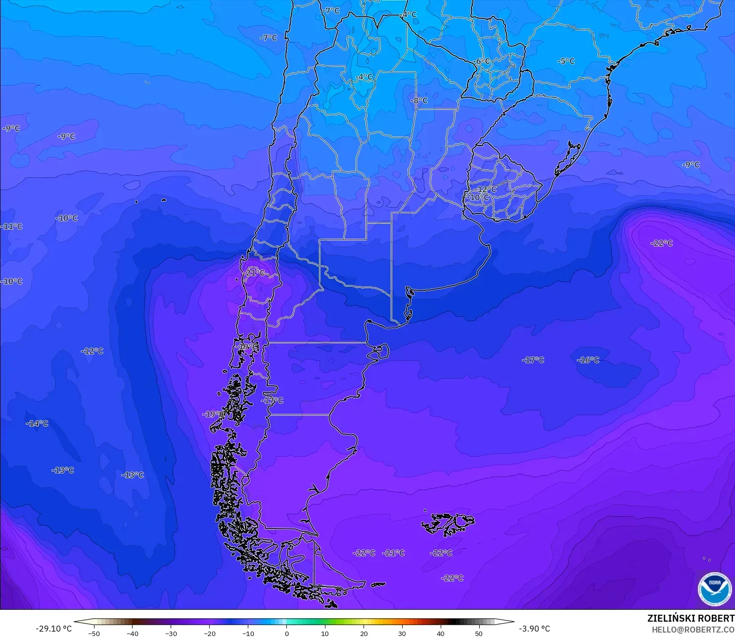 GFS modelo - Argentina, Temperatura a 500 hPa