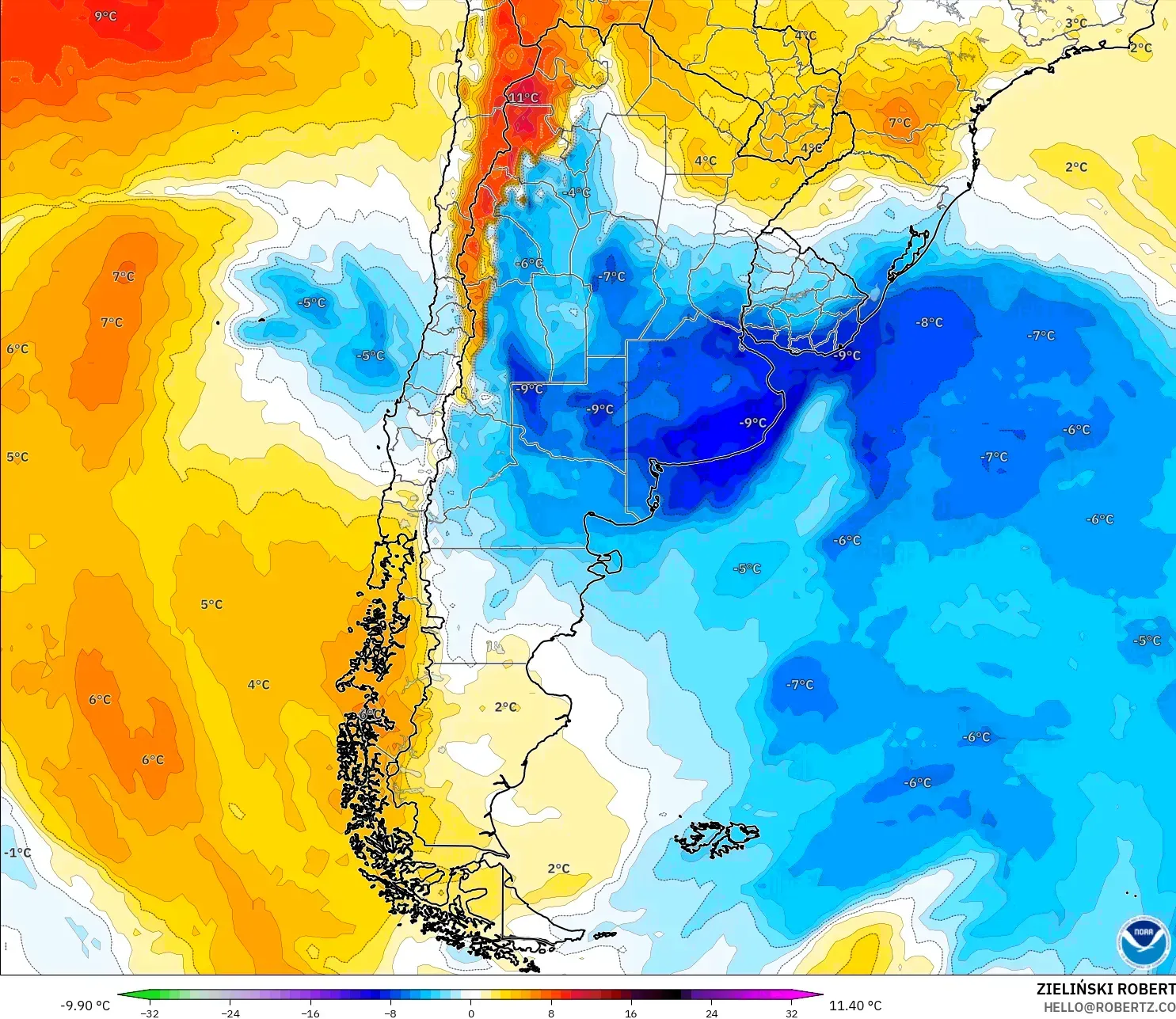 GFS modelo - Argentina, Anomalía de temperatura a 850 hPa