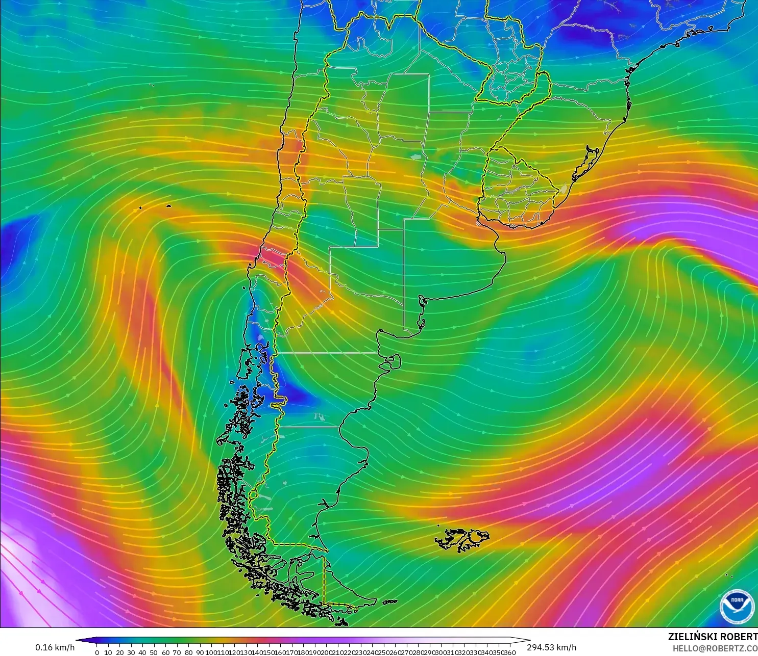 GFS modelo - Argentina, Viento a 300 hPa (corriente en chorro)