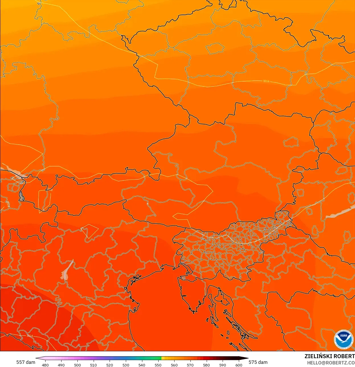 GFS modelo - Austria, Altura geopotencial a 500 hPa