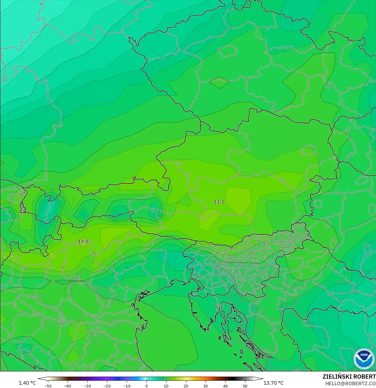 GFS modelo - Austria, Temperatura a 850 hPa