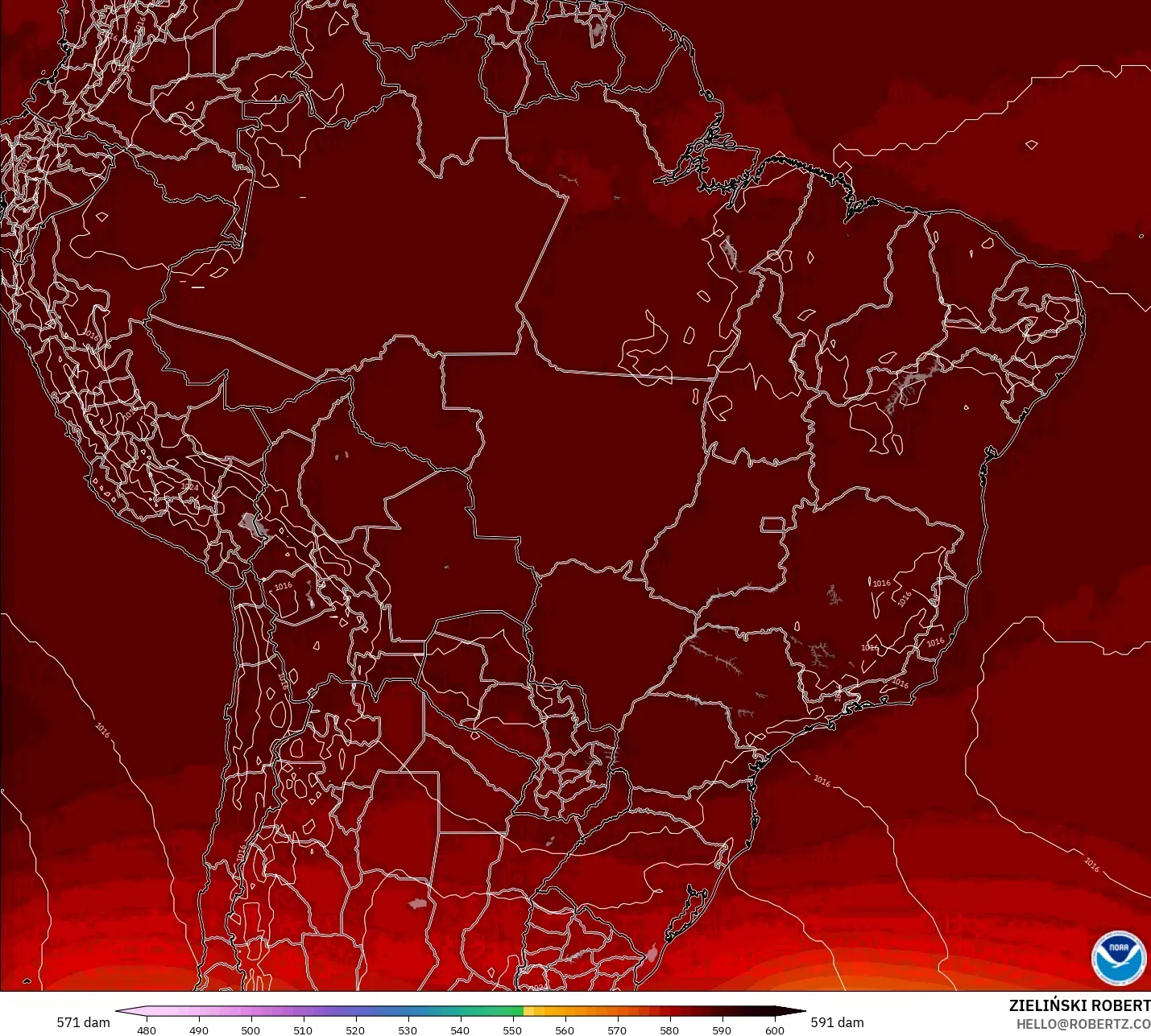 GFS modelo - Brasil, Altura geopotencial a 500 hPa