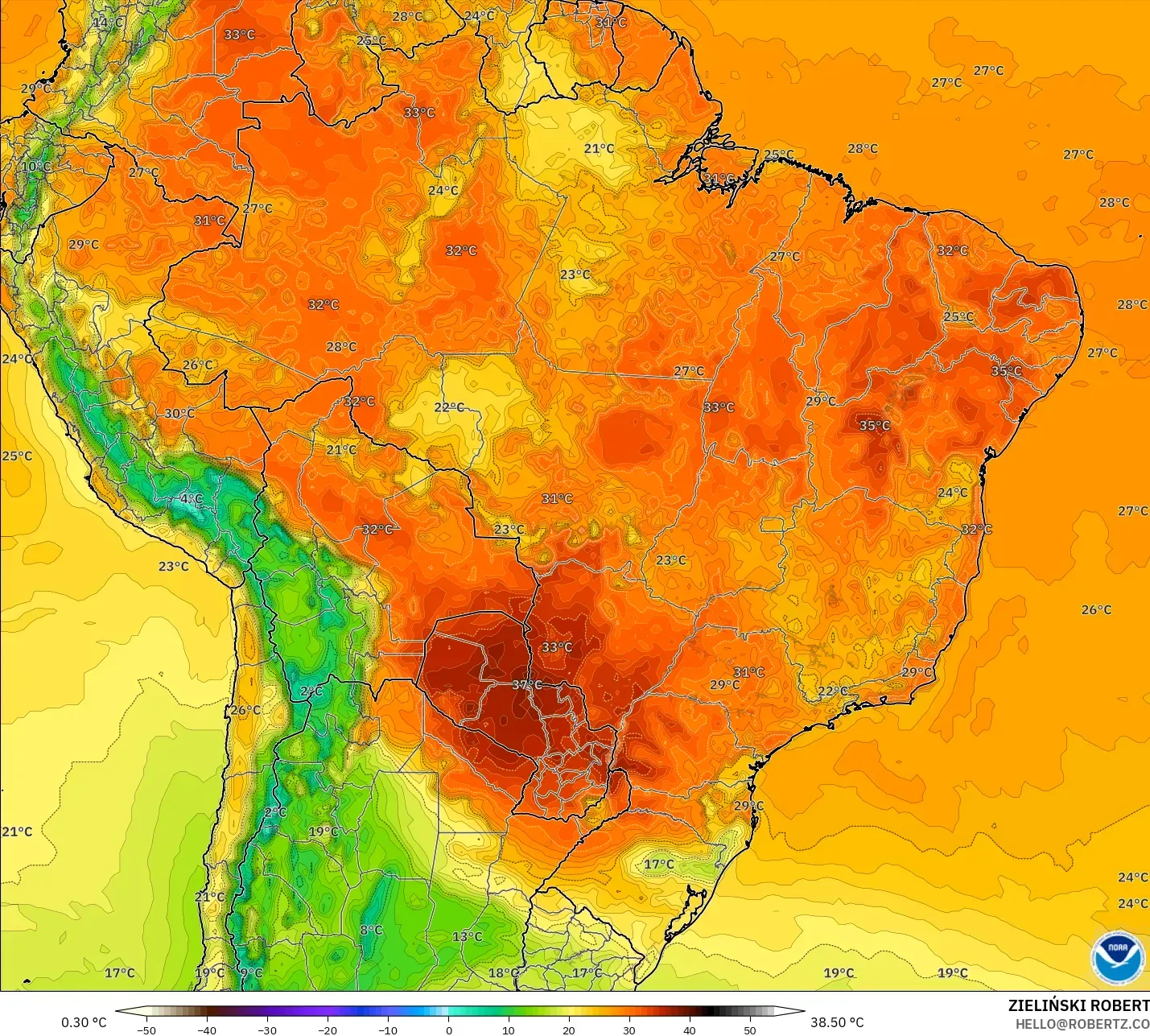 GFS modelo - Brasil, Temperatura a 2 m