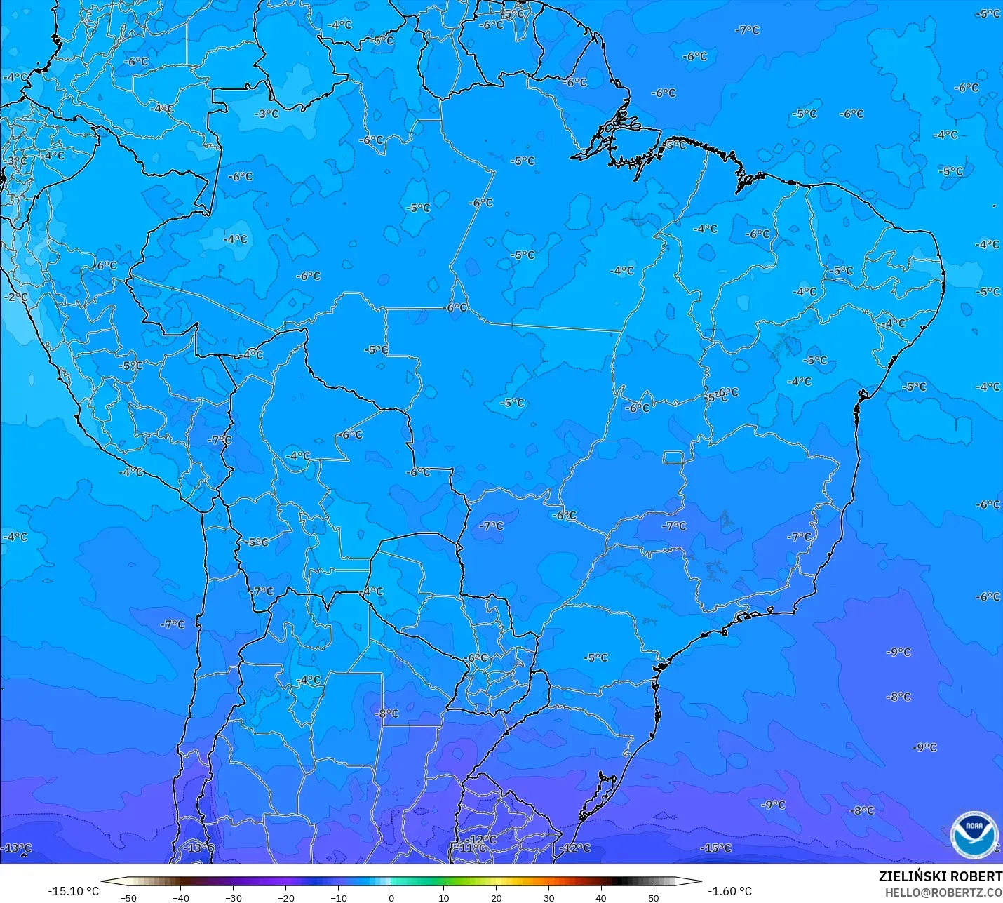 GFS modelo - Brasil, Temperatura a 500 hPa