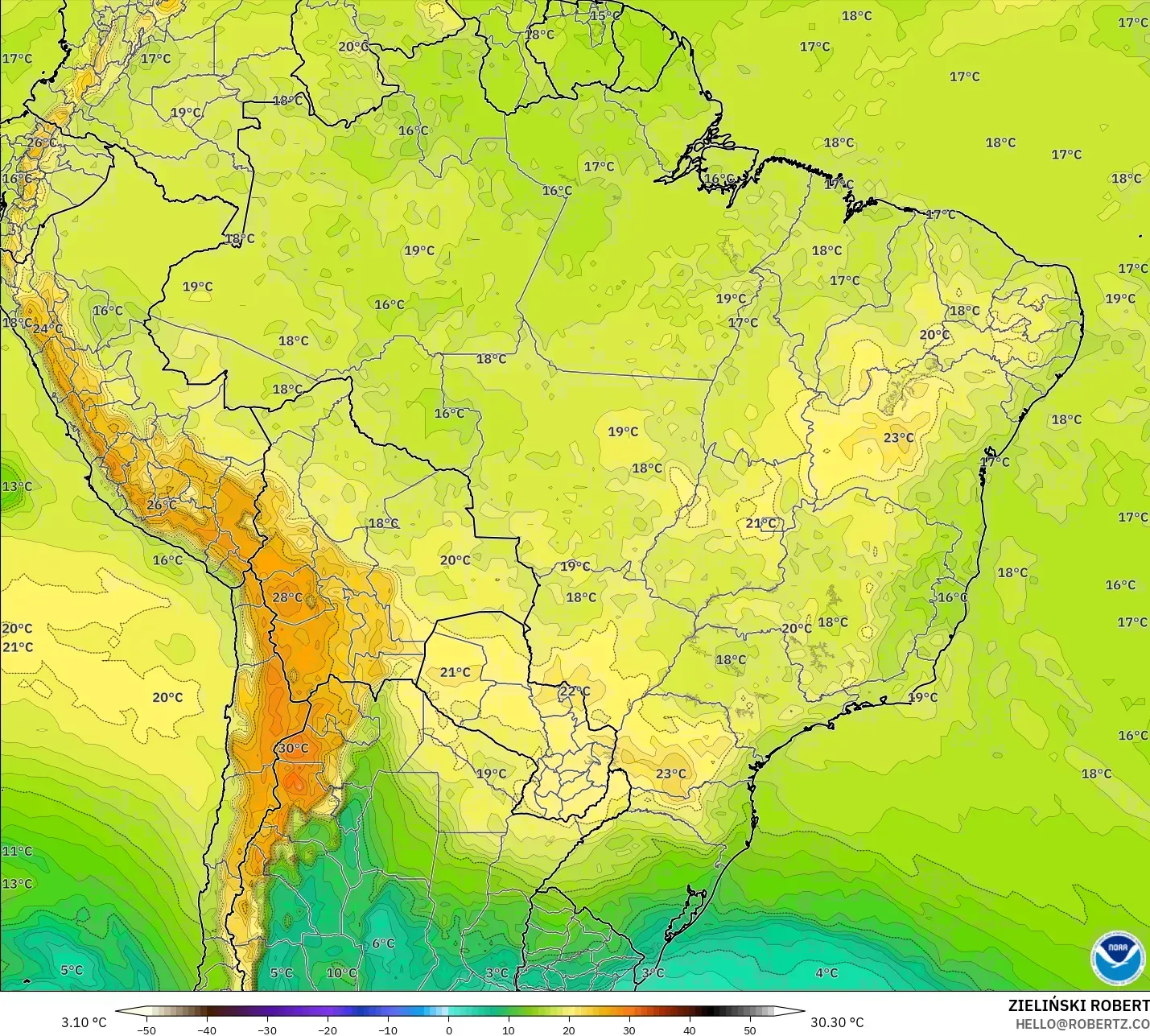 GFS modelo - Brasil, Temperatura a 850 hPa