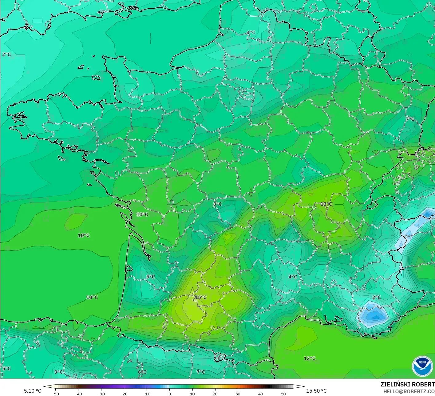GFS modelo - Francia, Punto de rocío a 2 m