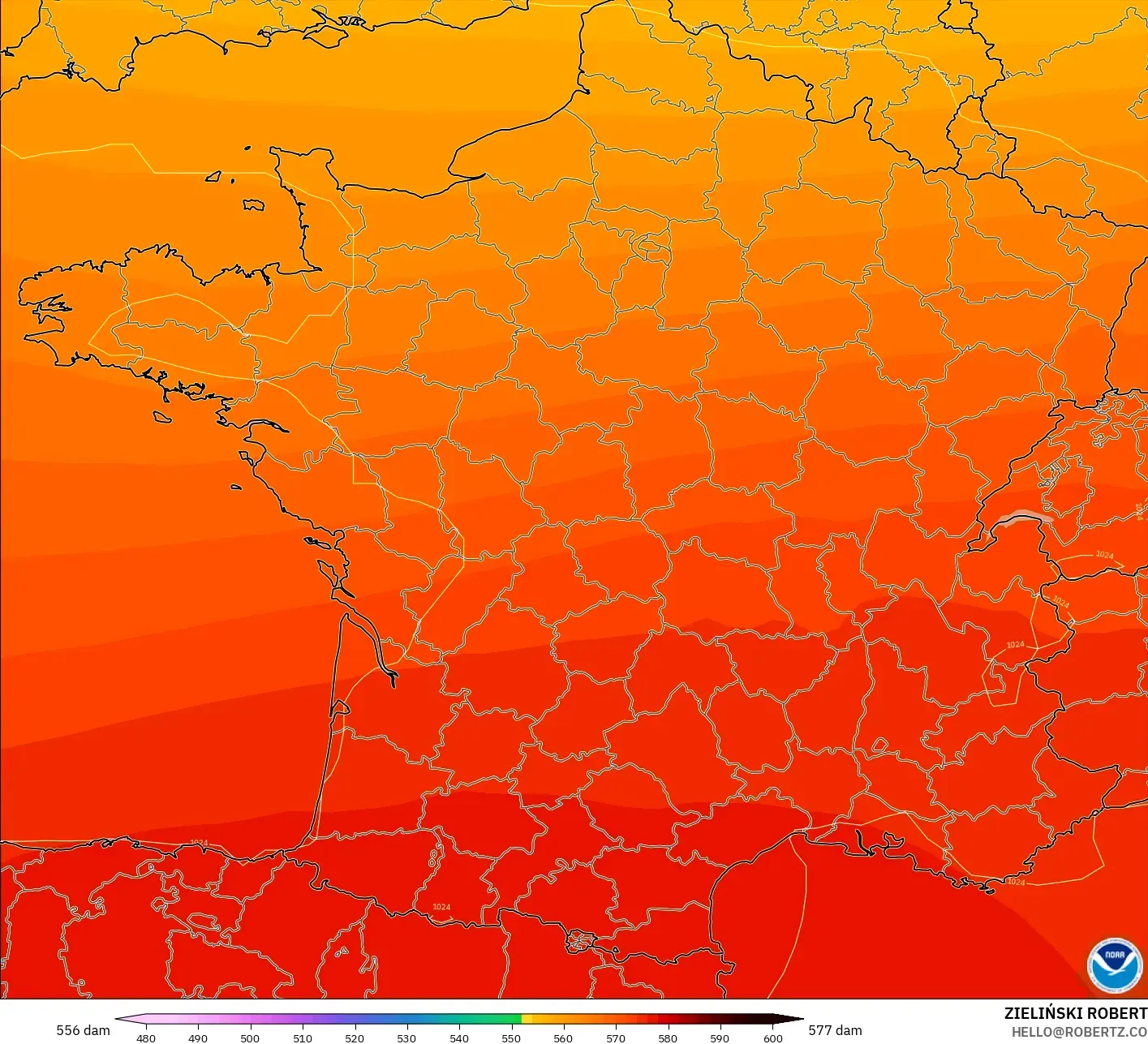 GFS modelo - Francia, Altura geopotencial a 500 hPa