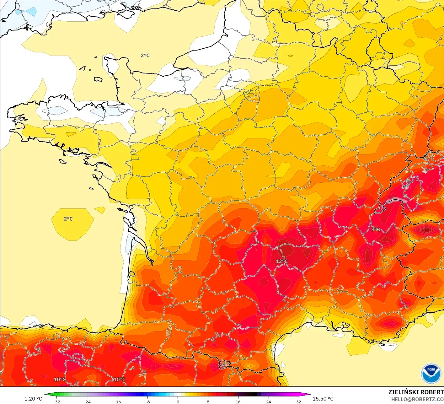 GFS modelo - Francia, Anomalía de temperatura a 2 m