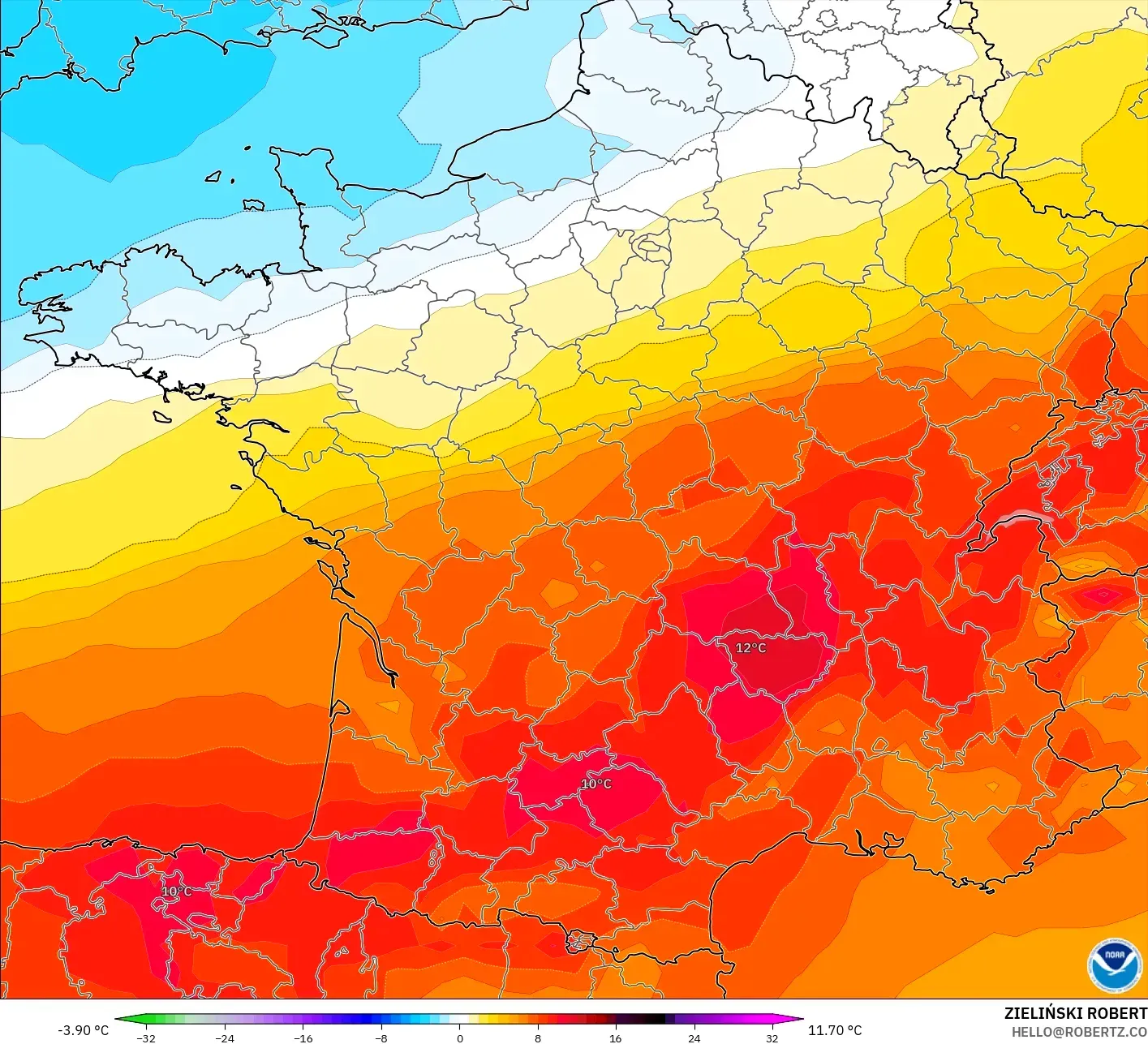 GFS modelo - Francia, Anomalía de temperatura a 850 hPa