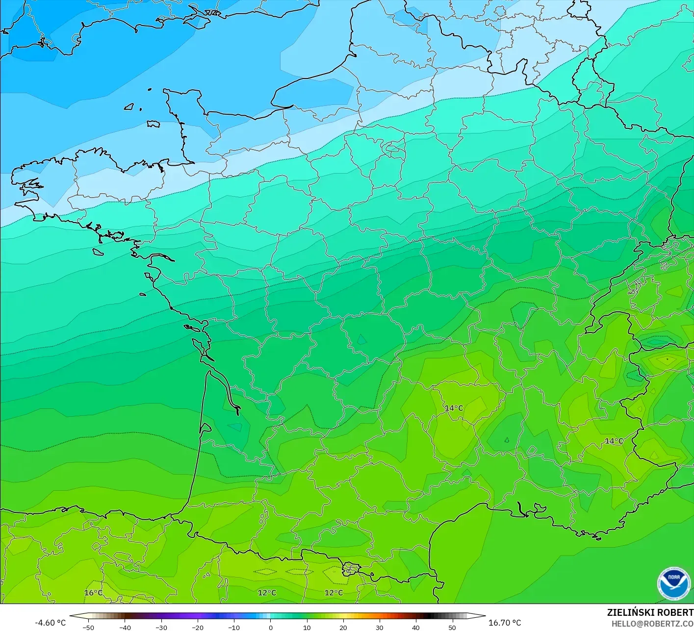 GFS modelo - Francia, Temperatura a 850 hPa