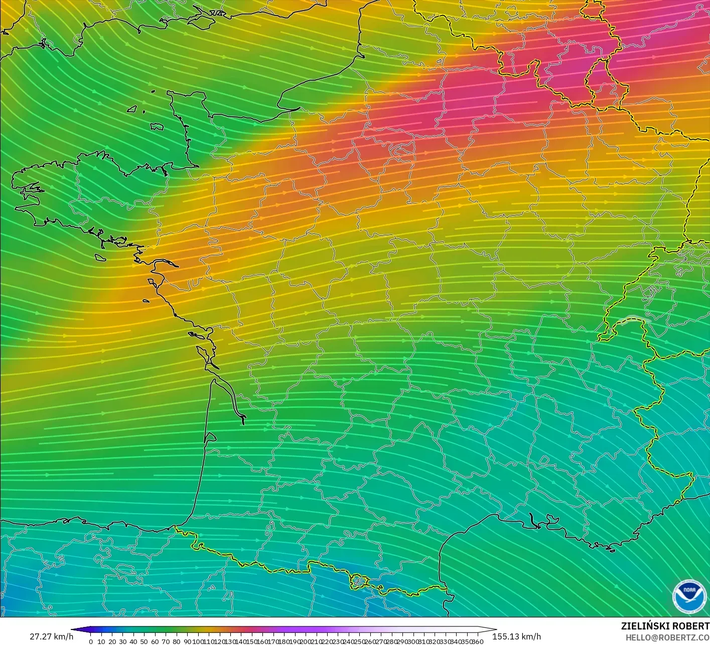 GFS modelo - Francia, Viento a 300 hPa (corriente en chorro)