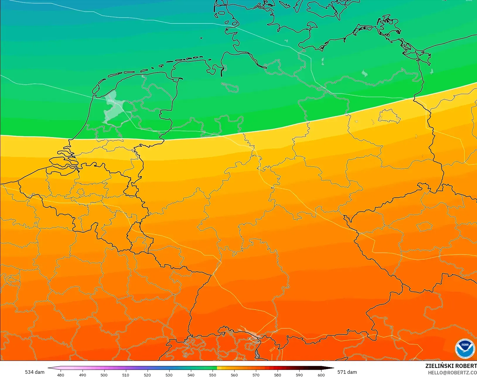 GFS modelo - Alemania, Altura geopotencial a 500 hPa
