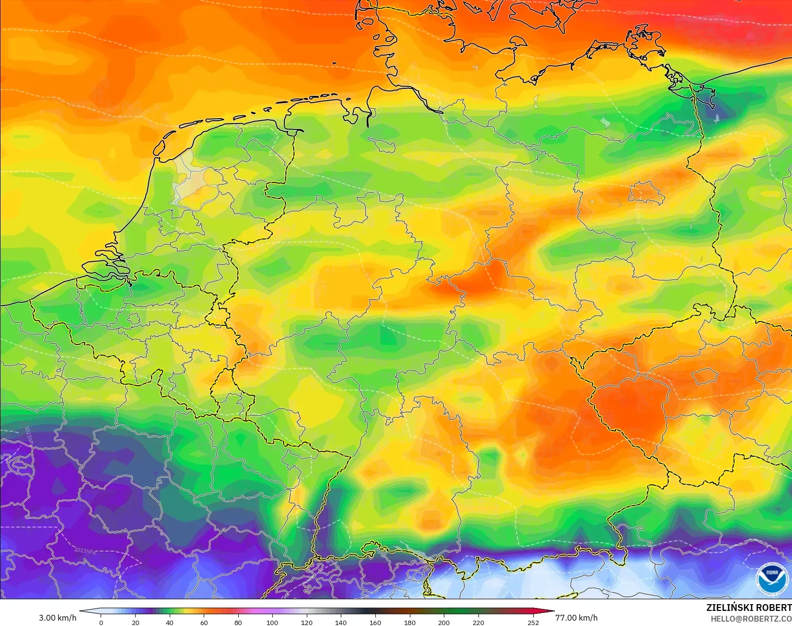 GFS modelo - Alemania, Ráfagas de Viento Máximas
