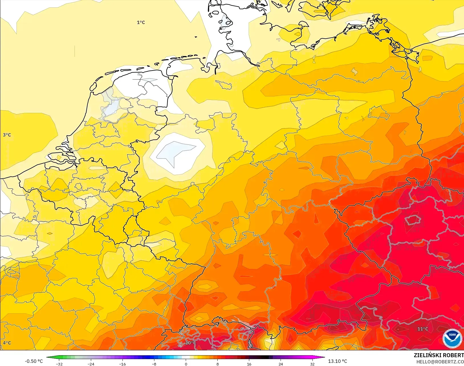GFS modelo - Alemania, Anomalía de temperatura a 2 m