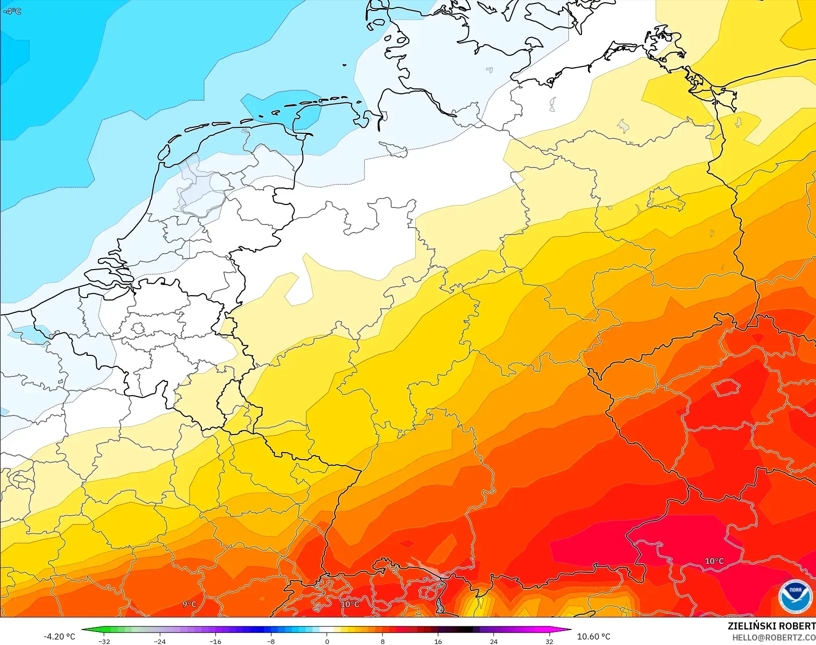 GFS modelo - Alemania, Anomalía de temperatura a 850 hPa