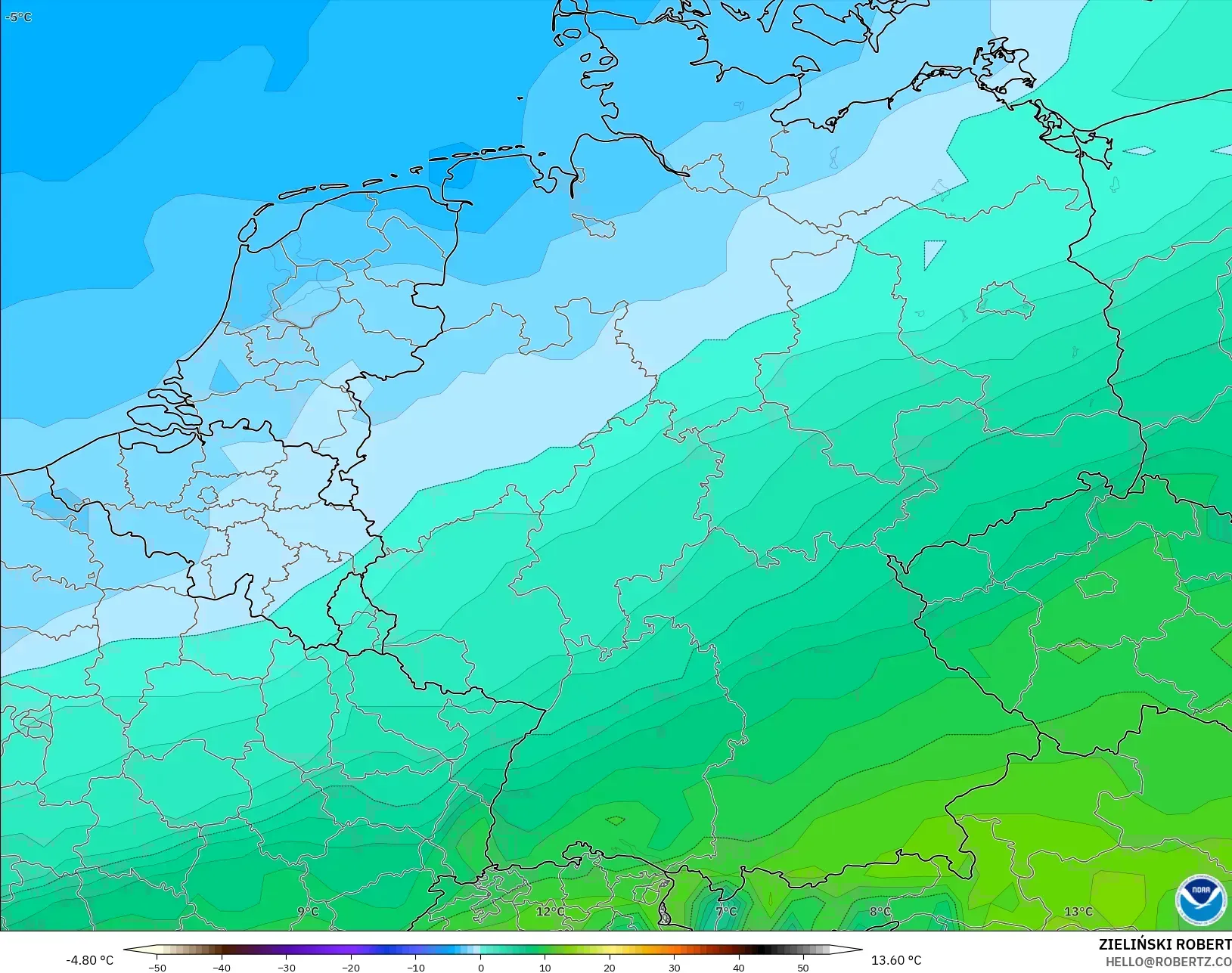 GFS modelo - Alemania, Temperatura a 850 hPa