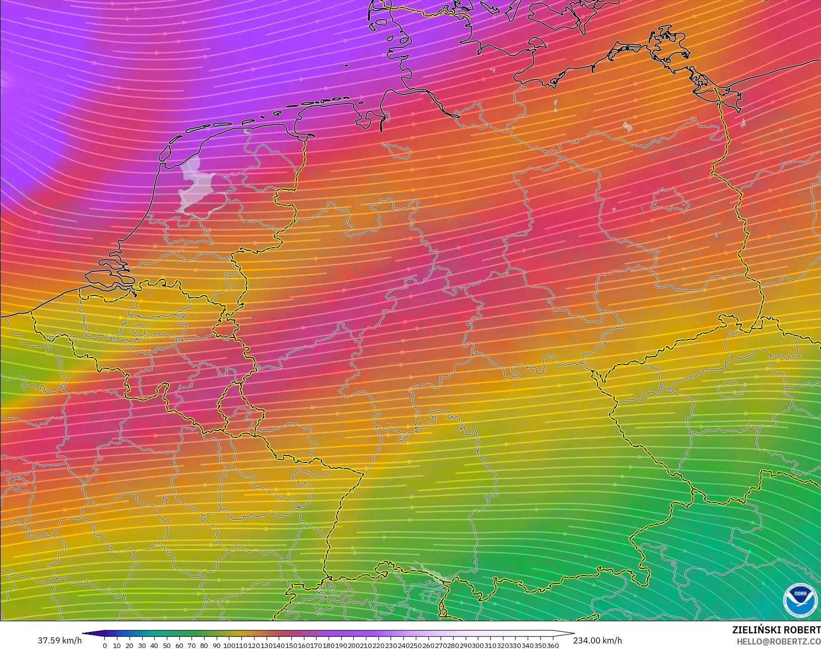GFS modelo - Alemania, Viento a 300 hPa (corriente en chorro)
