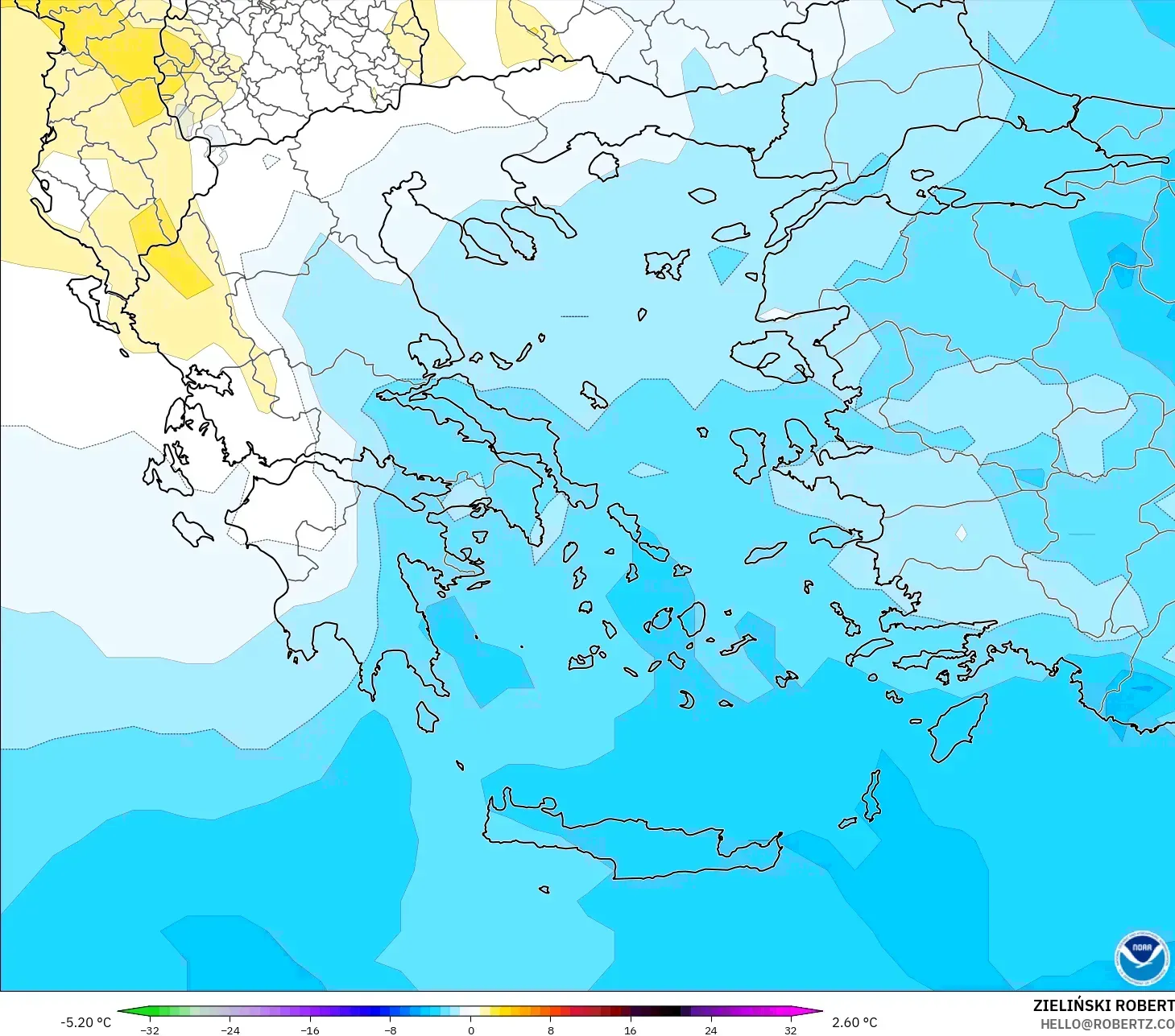 GFS modelo - Grecia, Anomalía de temperatura a 850 hPa