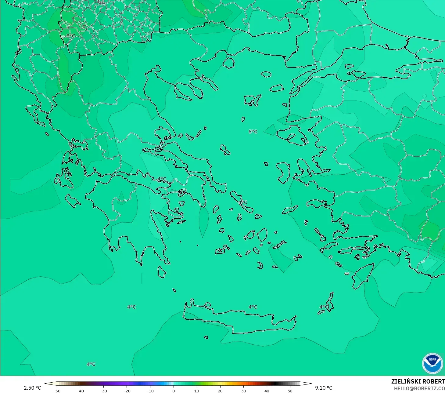 GFS modelo - Grecia, Temperatura a 850 hPa