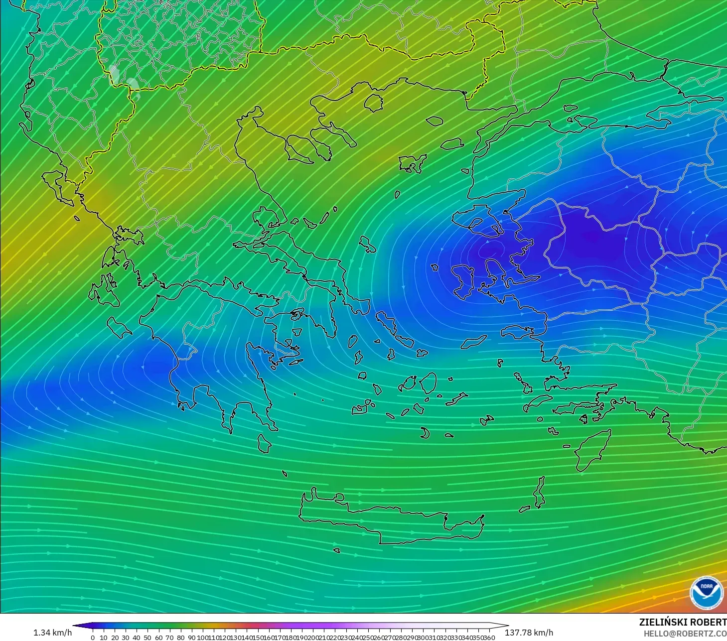 GFS modelo - Grecia, Viento a 300 hPa (corriente en chorro)