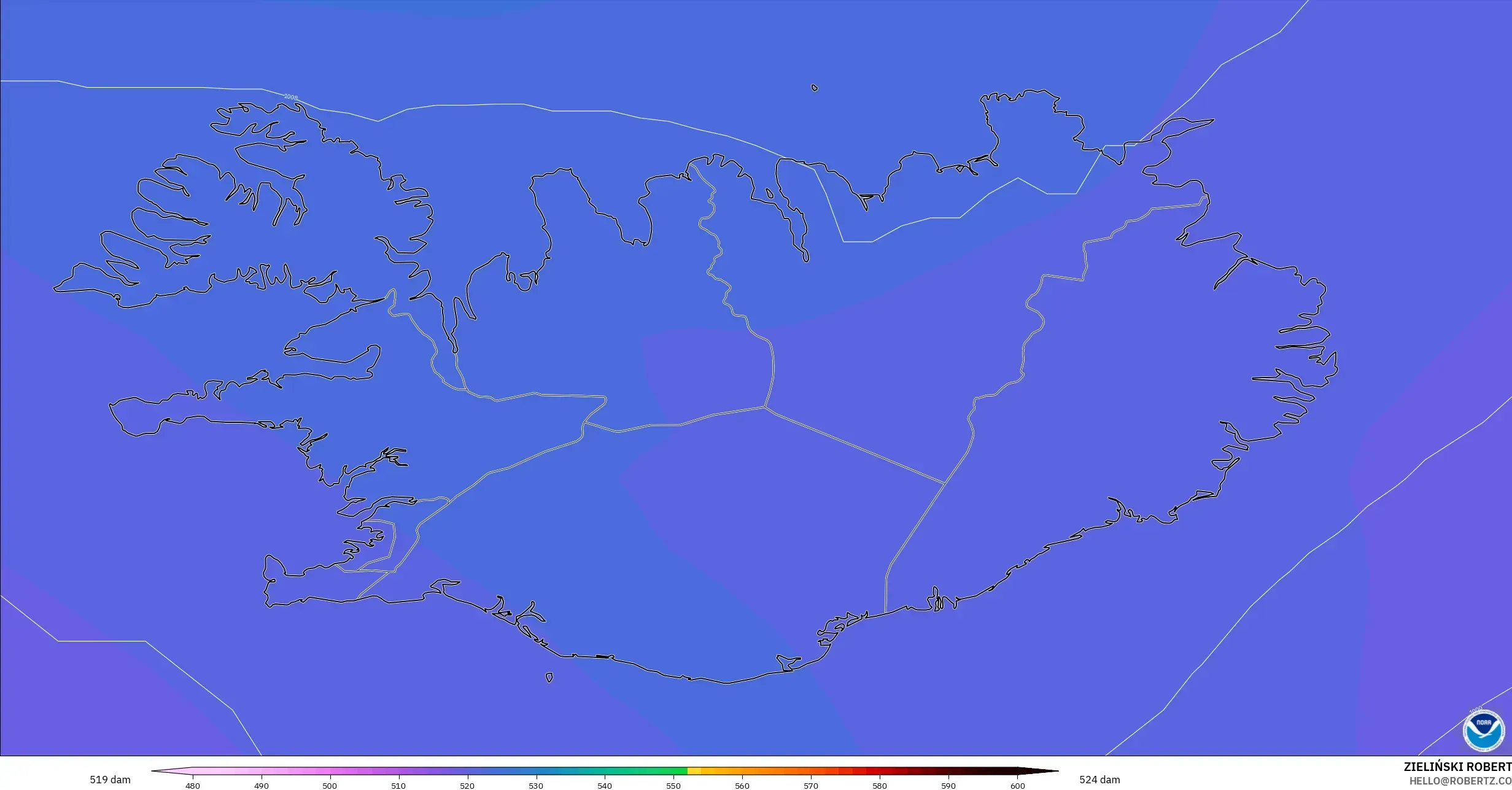 GFS modelo - Islandia, Altura geopotencial a 500 hPa