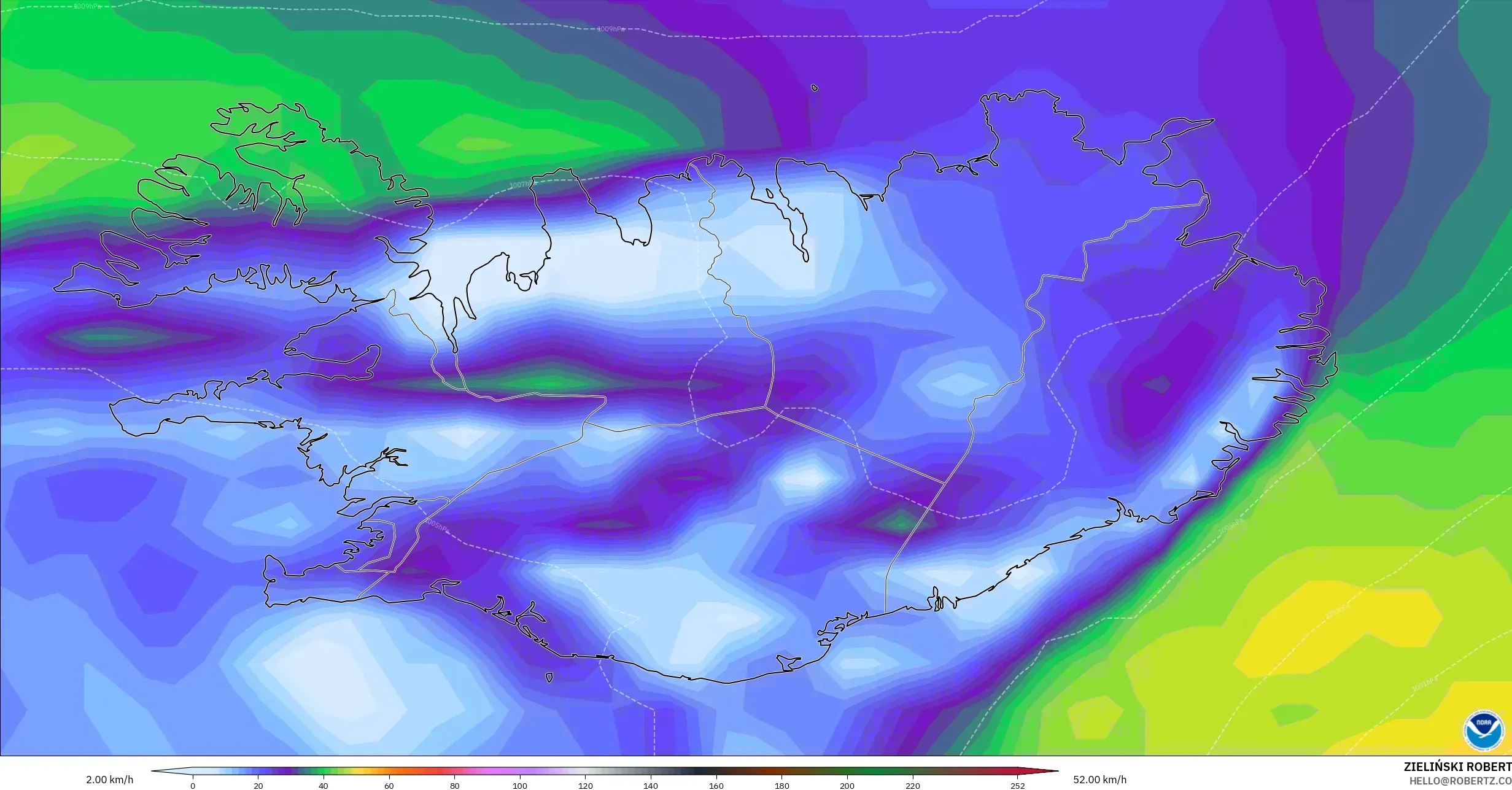 GFS modelo - Islandia, Ráfagas de Viento Máximas