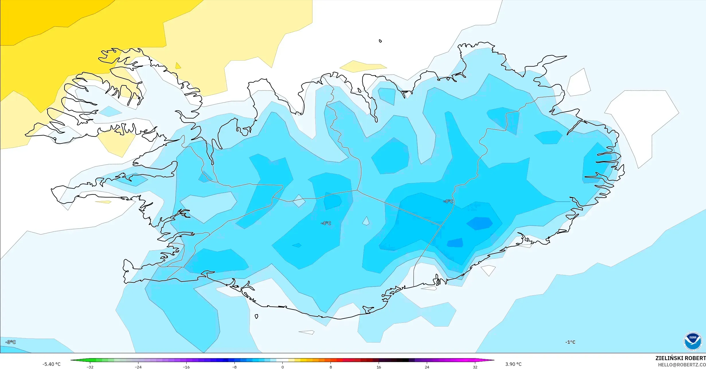 GFS modelo - Islandia, Anomalía de temperatura a 2 m