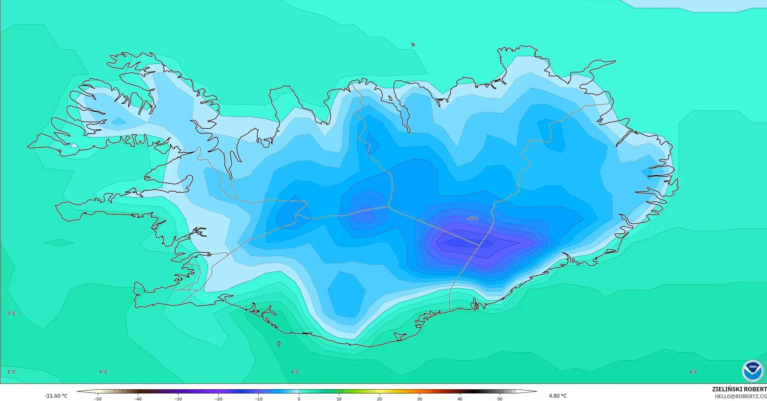 GFS modelo - Islandia, Temperatura a 2 m
