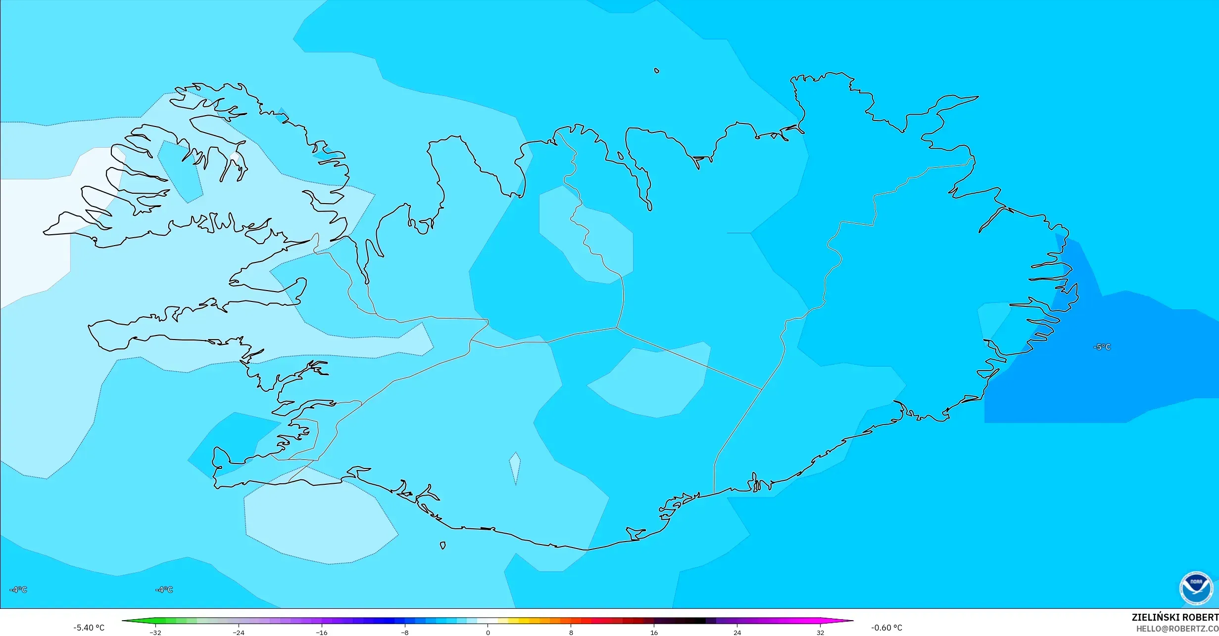 GFS modelo - Islandia, Anomalía de temperatura a 850 hPa