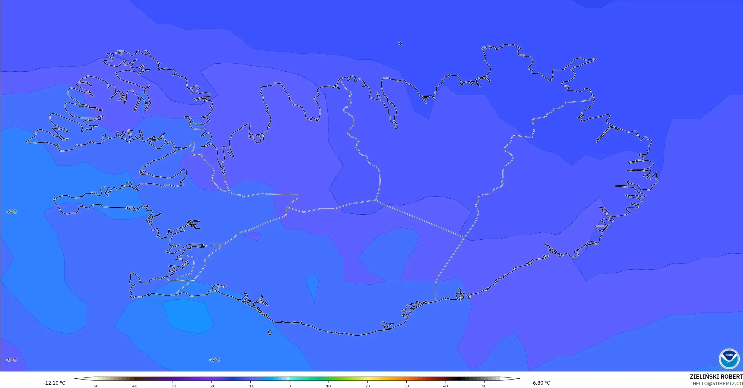 GFS modelo - Islandia, Temperatura a 850 hPa