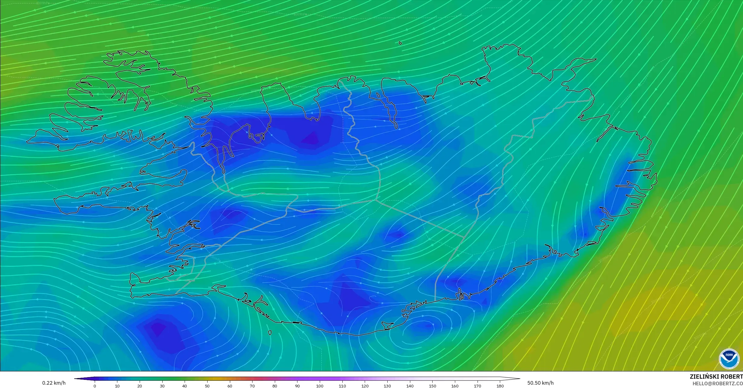 GFS modelo - Islandia, Viento a 10 m
