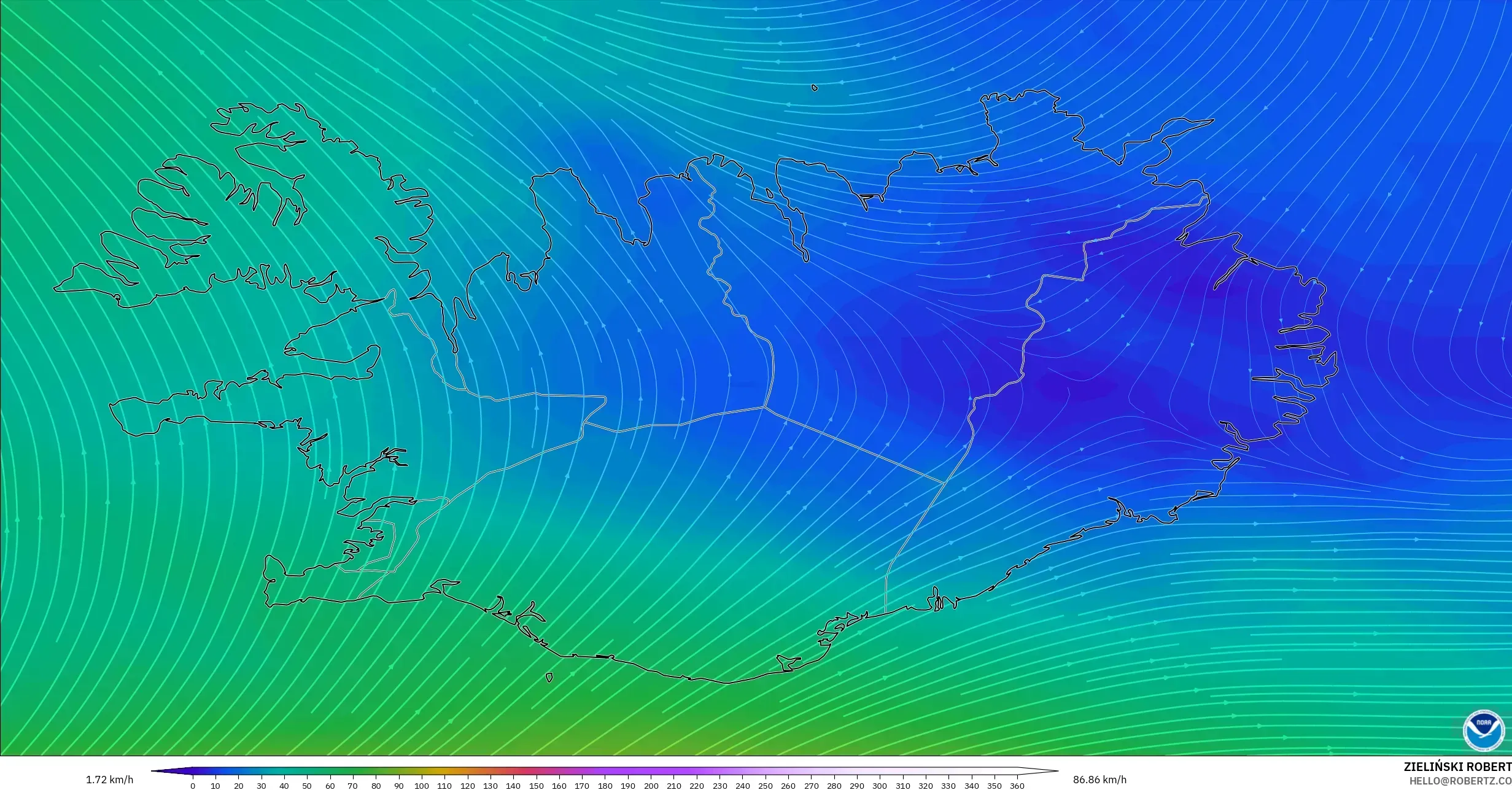GFS modelo - Islandia, Viento a 300 hPa (corriente en chorro)