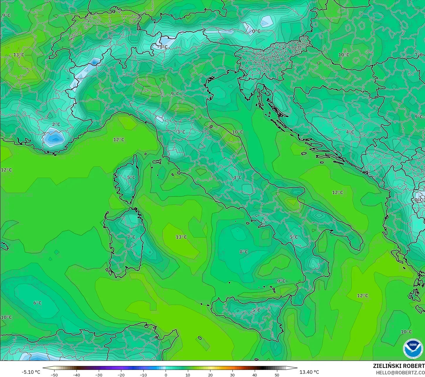 GFS modelo - Italia, Punto de rocío a 2 m