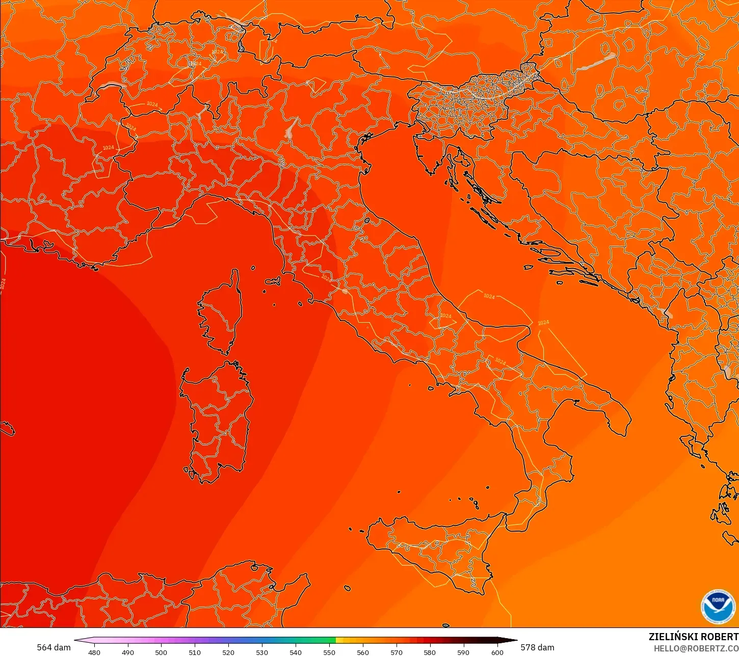 GFS modelo - Italia, Altura geopotencial a 500 hPa