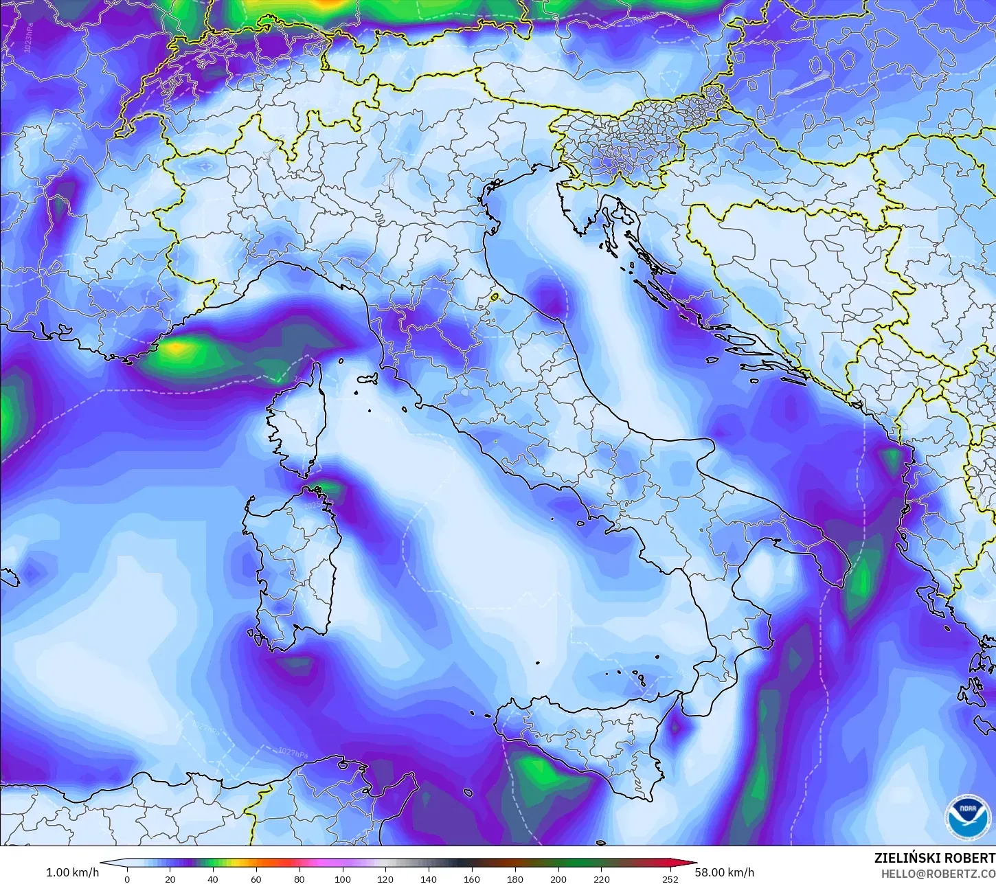 GFS modelo - Italia, Ráfagas de Viento Máximas