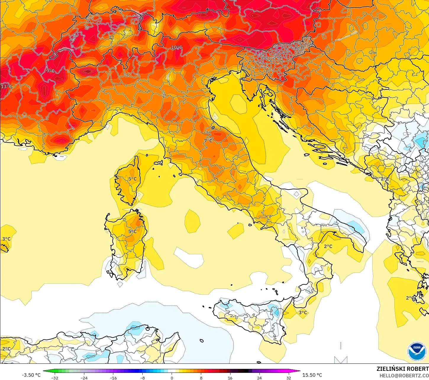 GFS modelo - Italia, Anomalía de temperatura a 2 m